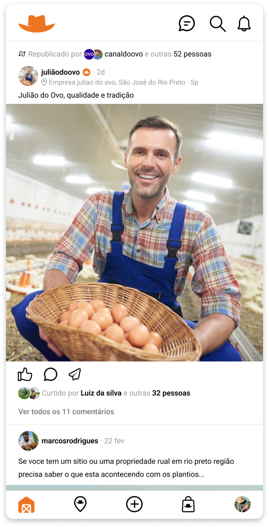 Tela exemplar do app farmer com um usuário logado e um post de texto.